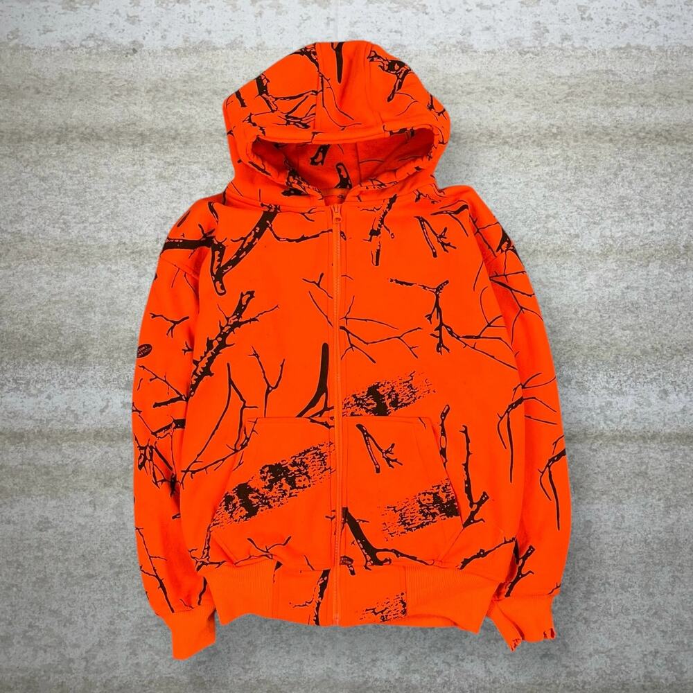 Vintage 90s Hoodie Youth M Orange Hunting Camo Cotton Full Zip Woodland
